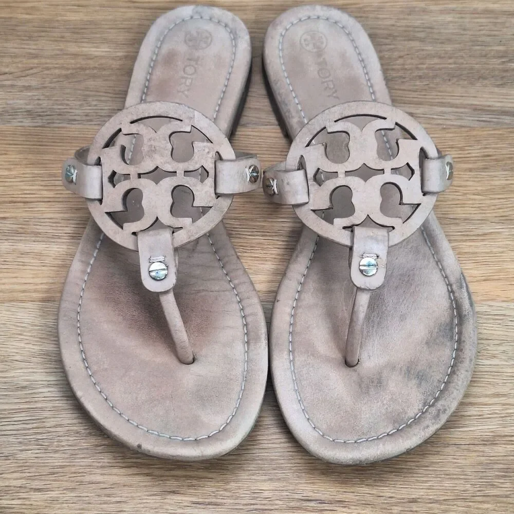 Tory Burch Miller Thong Sandals Women 10.5 Tan Beige Leather Logo Flip Flops